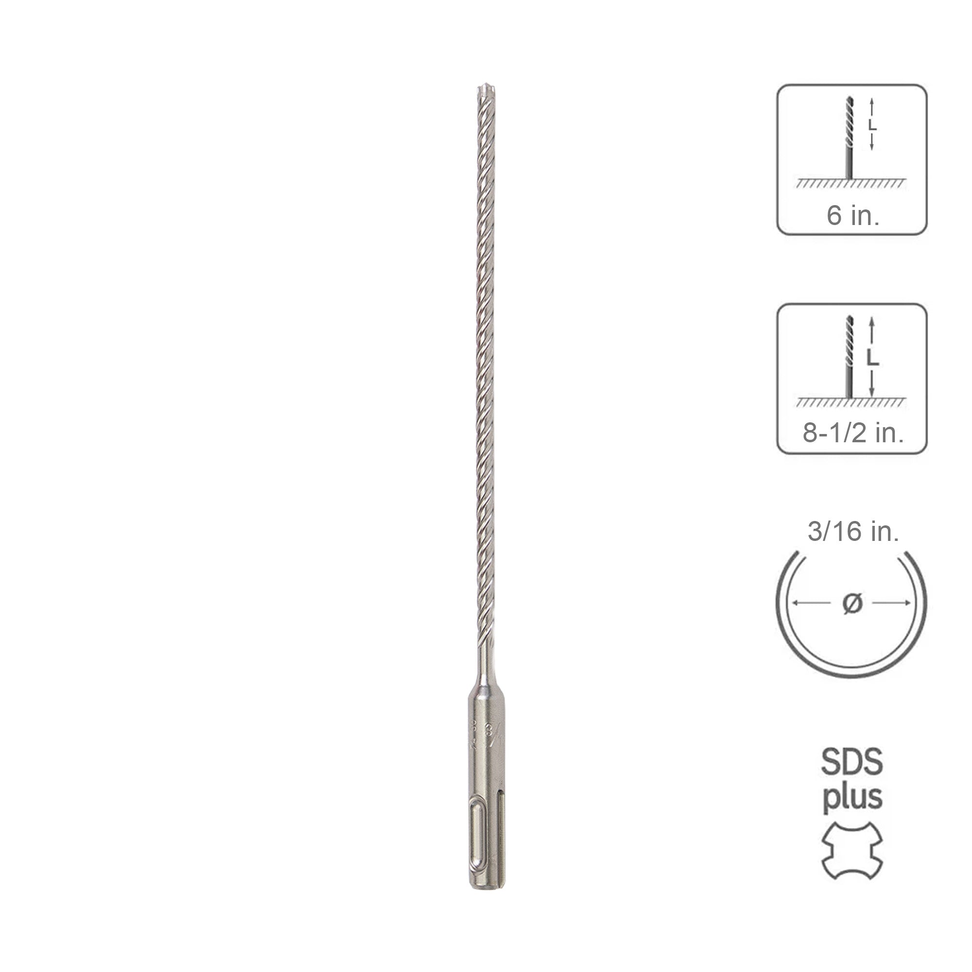 SABERCUT 3/16 In. x 6 In. x 8-1/2 In. 4-Cutter Premium Full Head Carbide SDS Plus Drill Bit