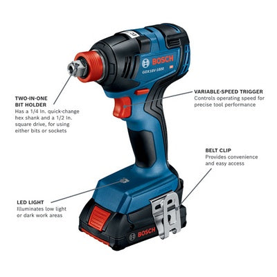 Bosch cordless drill with labeled features on a white background