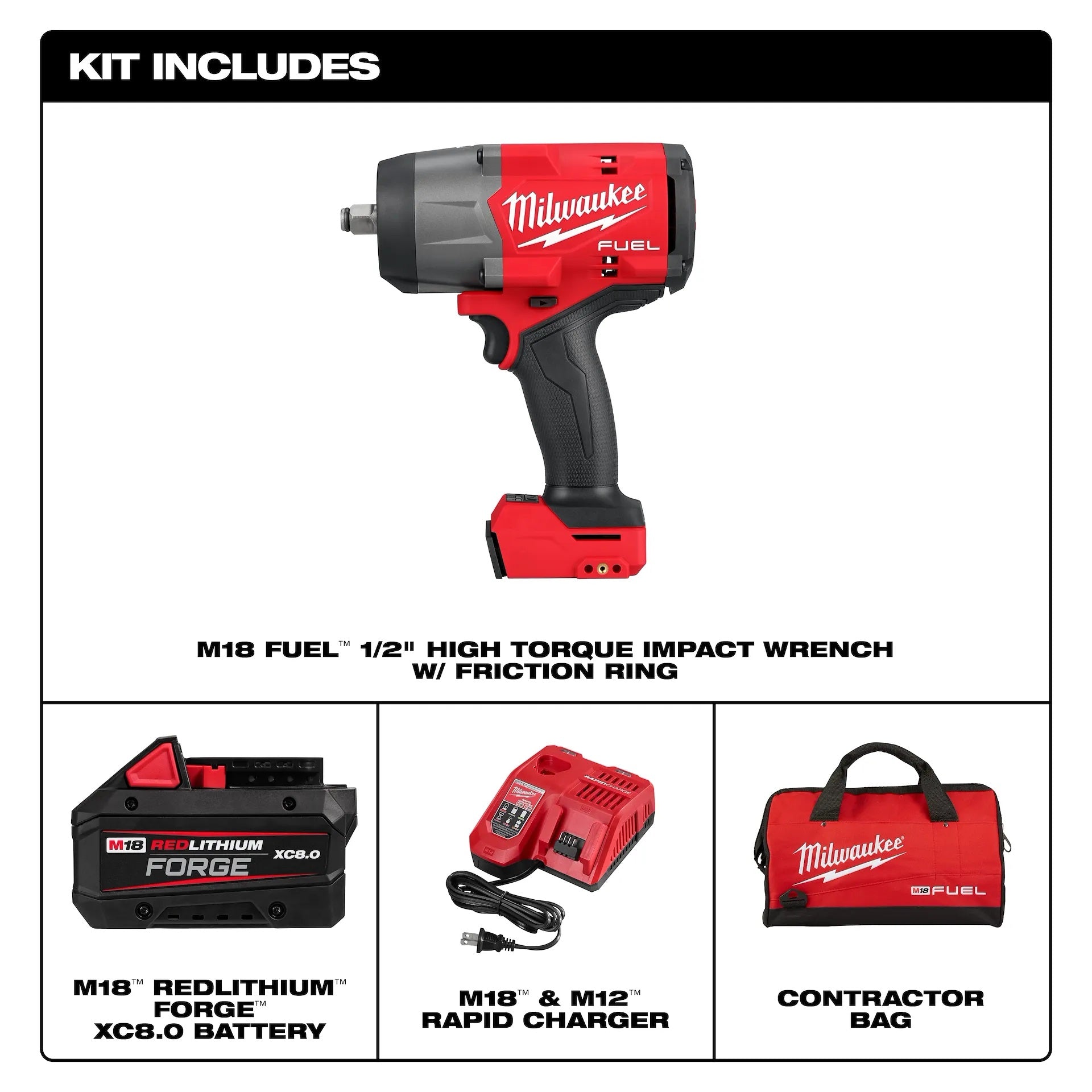 Milwaukee M18 FUEL 18V 1/2 in. High Torque Impact Wrench w/ Friction Ring Kit w/ FORGE 6.0 Battery