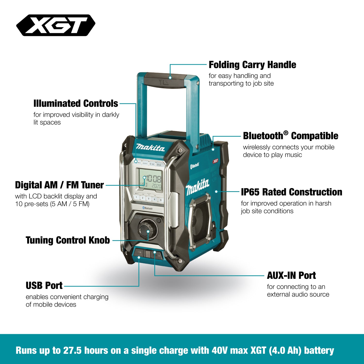 MAKITA MR002G 12/18/40V Jobsite
  Radio w/Bluetooth & USB, Tool Only