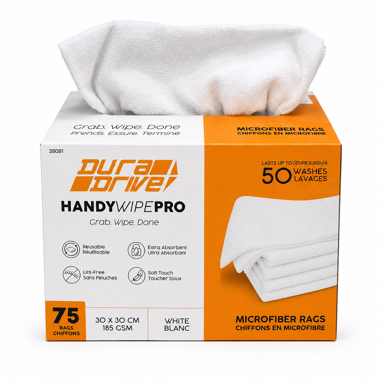 DuraDrive HandyWipePro white microfiber cleaning wipes in a tissue-style box, with one wipe pulled out from the top. The packaging is white and orange and reads '75 bags' and '50 washes.