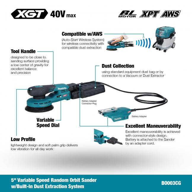 MAKITA
  BO003CGZ 40V Max XGT BL 5 in. Random Orbit Sander w/AWS, Tool Only