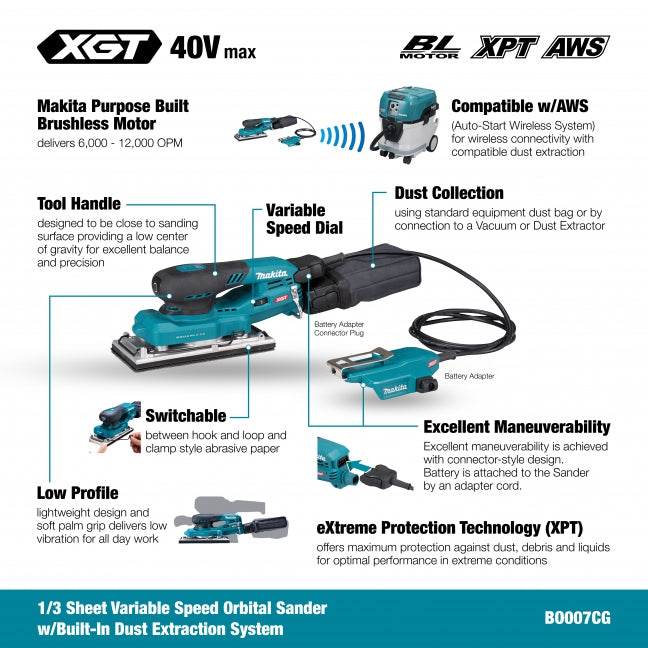 MAKITA
  BO007CGZ 40V Max XGT BL 1/3 Sheet Finishing Sander, w/AWS, Tool Only