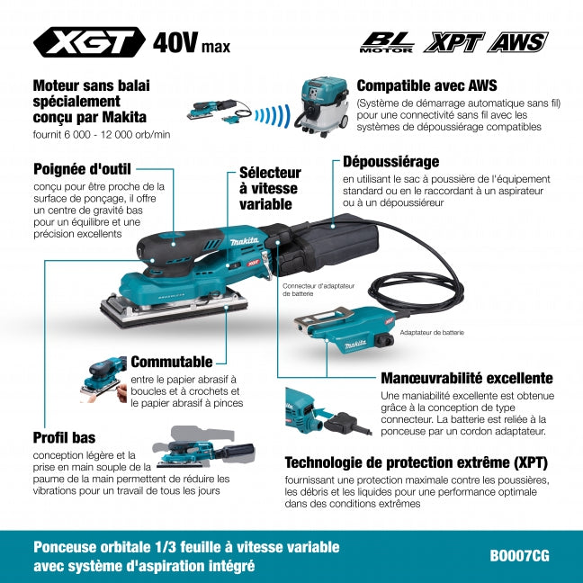 MAKITA
  BO007CGZ 40V Max XGT BL 1/3 Sheet Finishing Sander, w/AWS, Tool Only