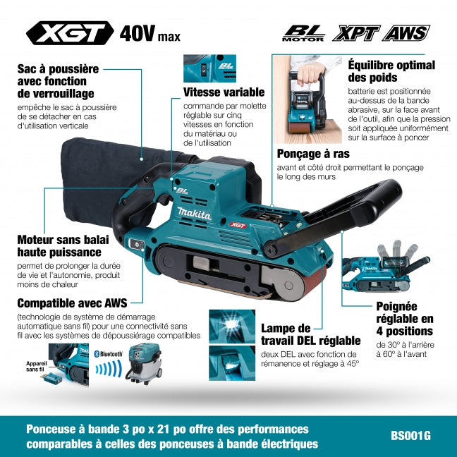 MAKITA BS001GZ 40Vmax XGT BL AWS 3 in. x 21 in. Belt Sander, Tool Only