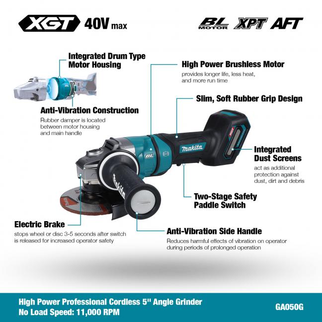 MAKITA GA050GZ 40V Max XGT BL
  5 in. Angle Grinder w/Paddle Switch, Tool Only
