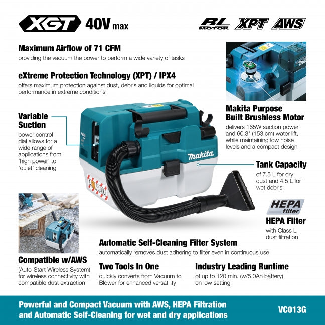 MAKITA
  VC013GLZ01 40V Max XGT BL 7.5 L Wet/Dry Vacuum Cleaner, w/AWS, Tool Only