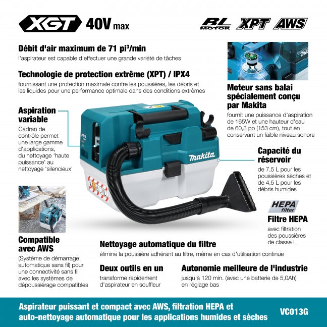MAKITA
  VC013GLZ01 40V Max XGT BL 7.5 L Wet/Dry Vacuum Cleaner, w/AWS, Tool Only