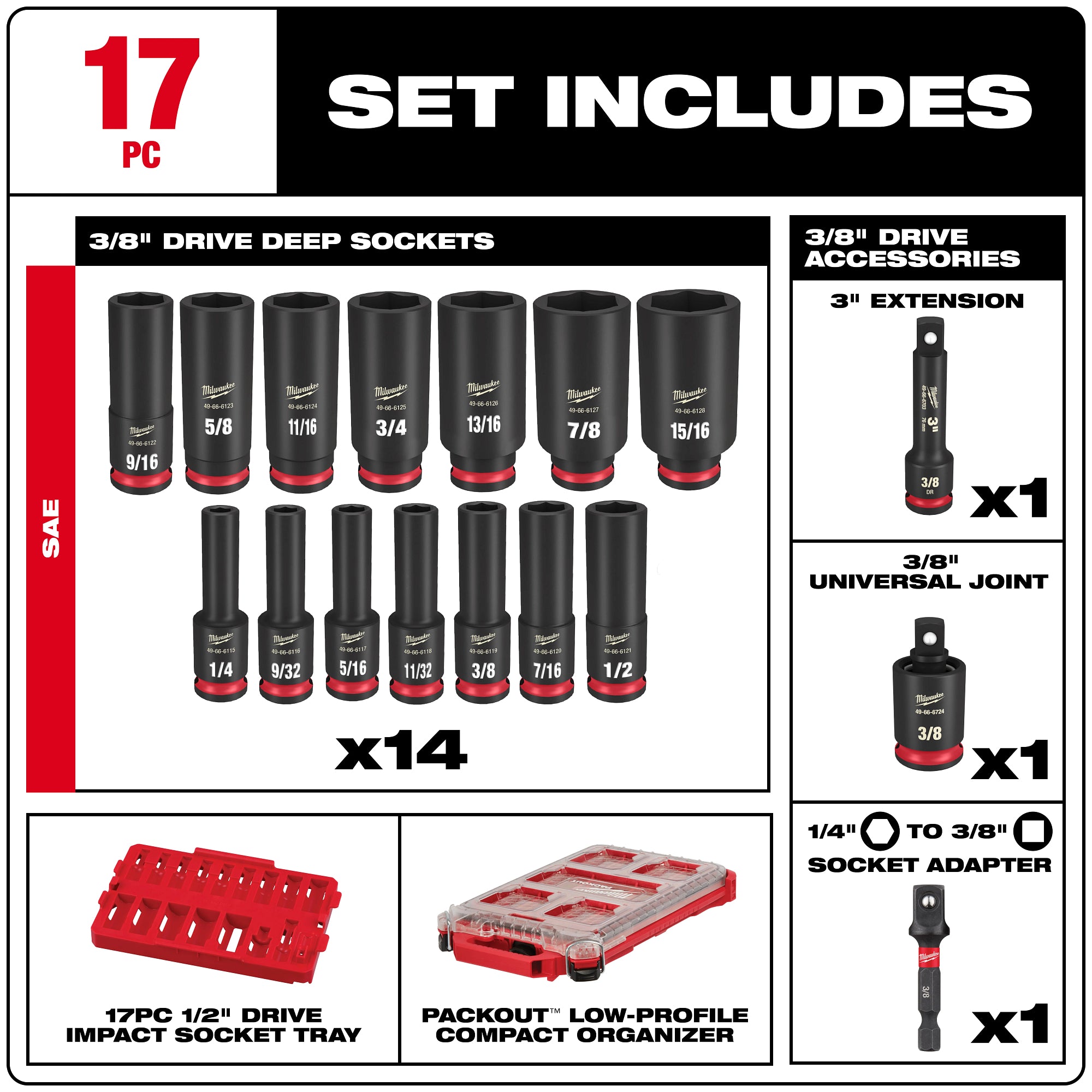 Milwaukee Promo 49-66-6800 Packout Deep Impact Socket Sae 3/8 in.Dr, 17Pc Set