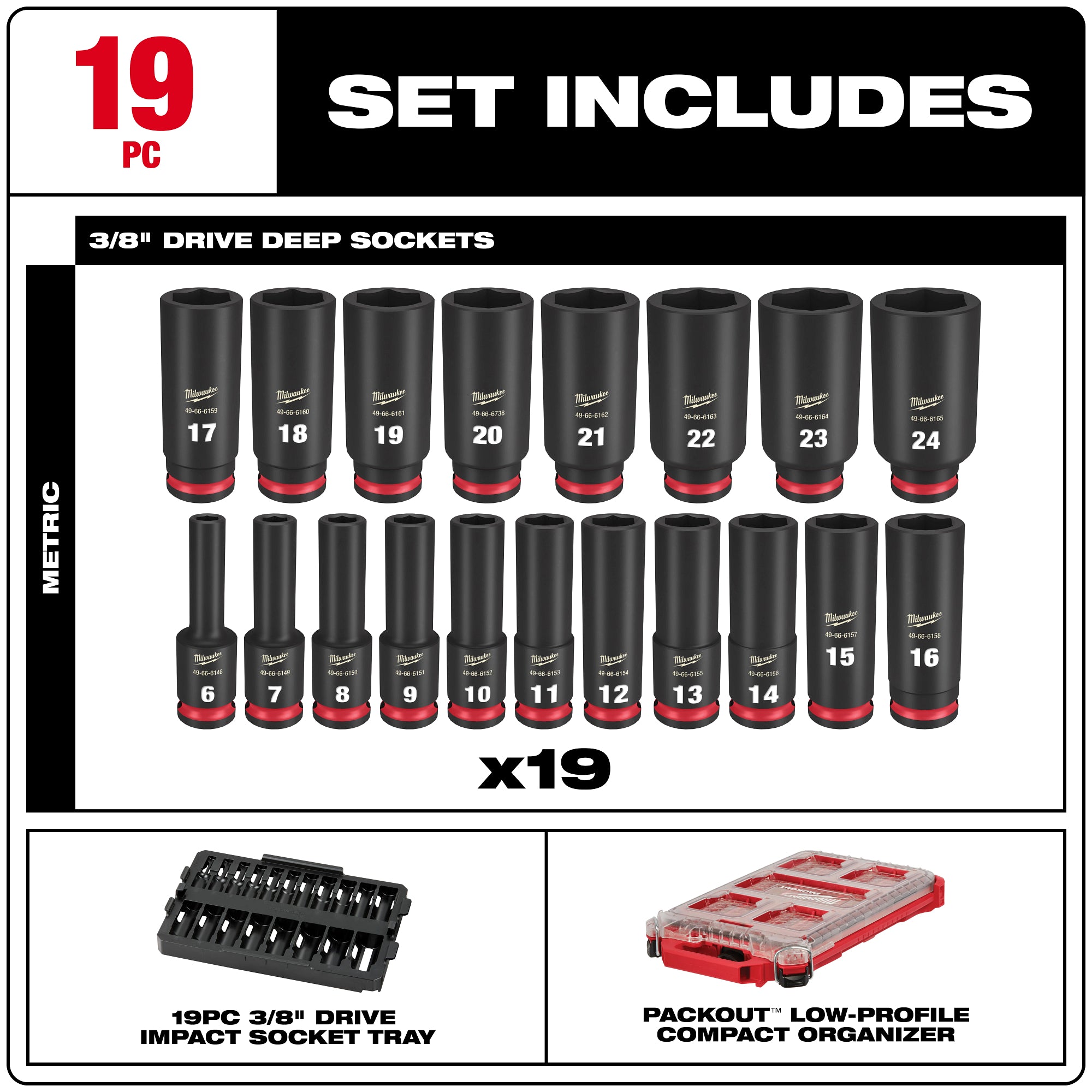 Milwaukee Promo 49-66-6801 Packout Deep Impact Socket Sae 3/8 in.Dr, 19Pc Set