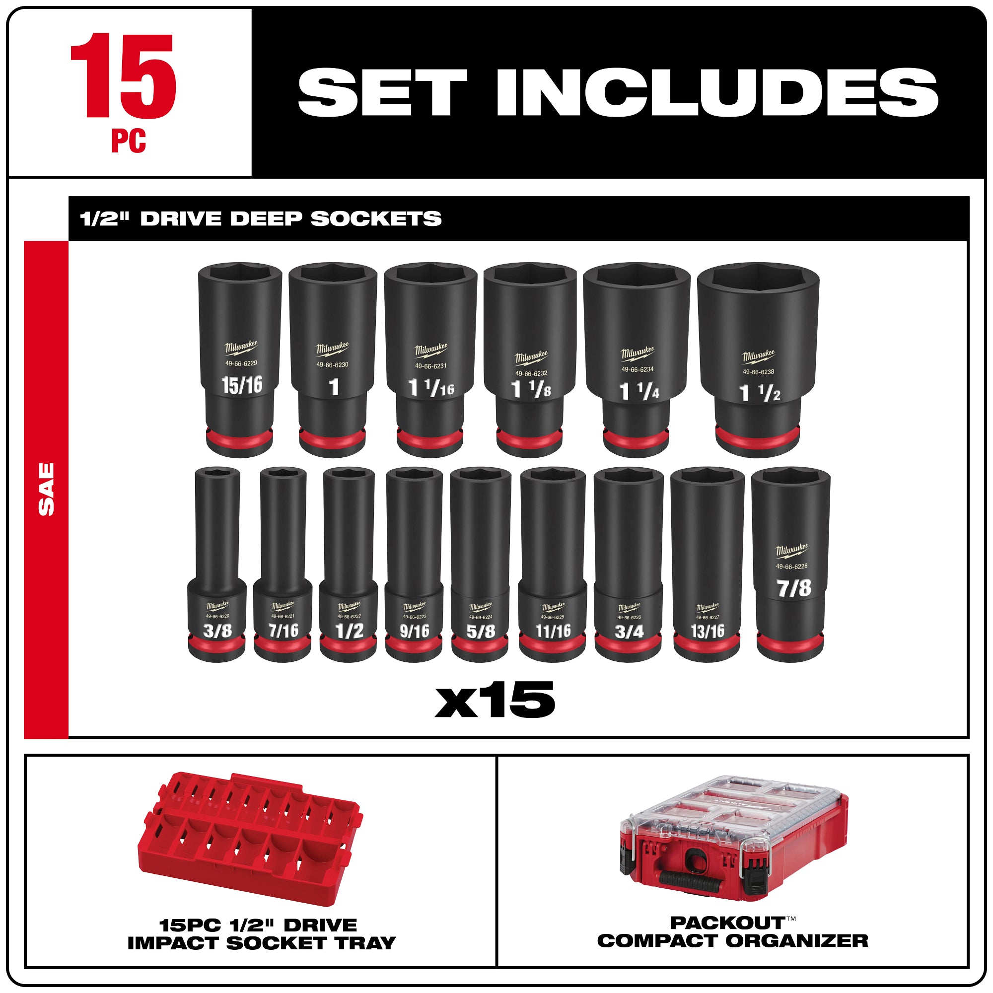Milwaukee Promo 49-66-6802 Packout Deep Impact Socket Sae 1/2 in. Dr, 16Pc Set