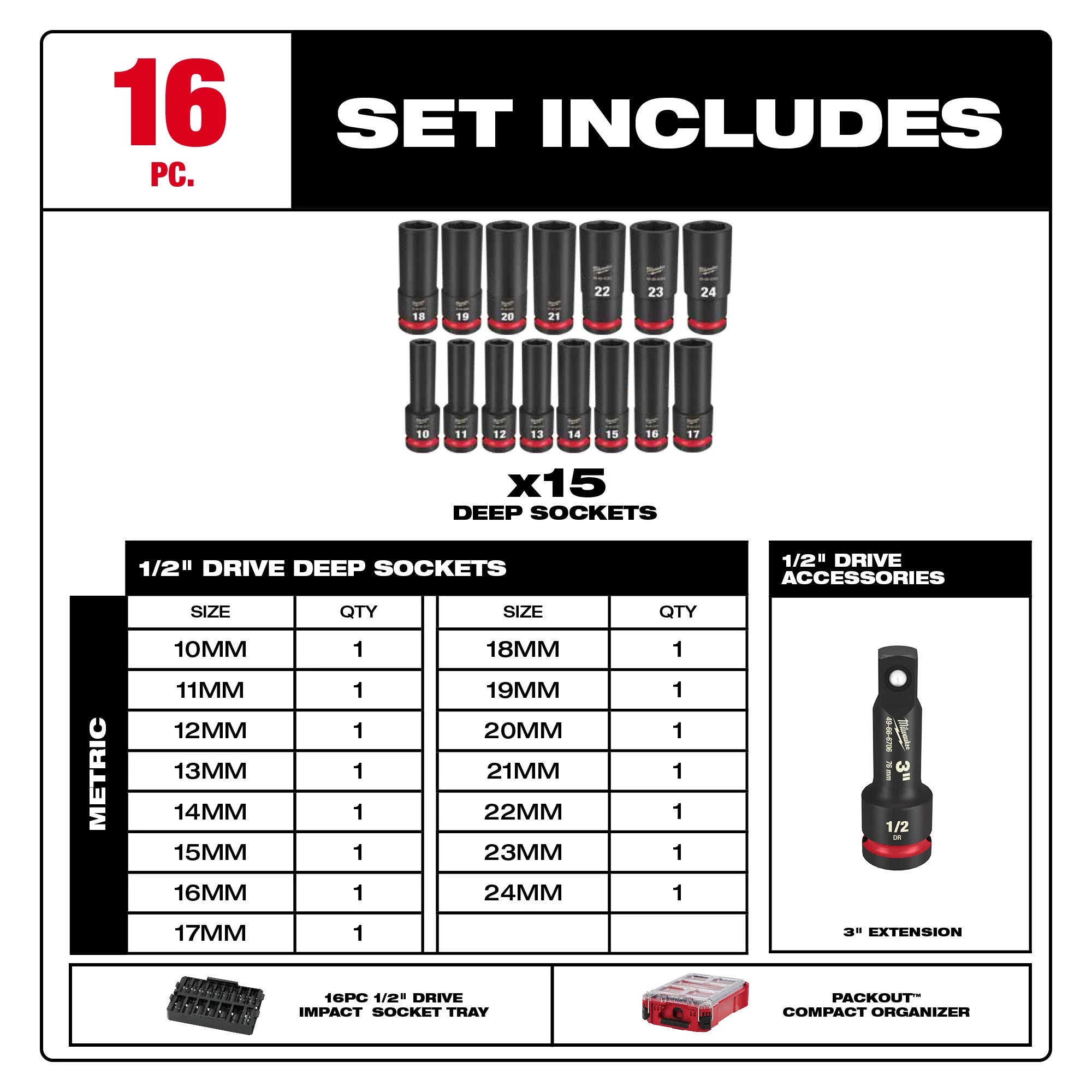 Milwaukee Promo 49-66-6803 Packout Deep Impact Socket Mm 1/2 in. Dr, 16Pc Set