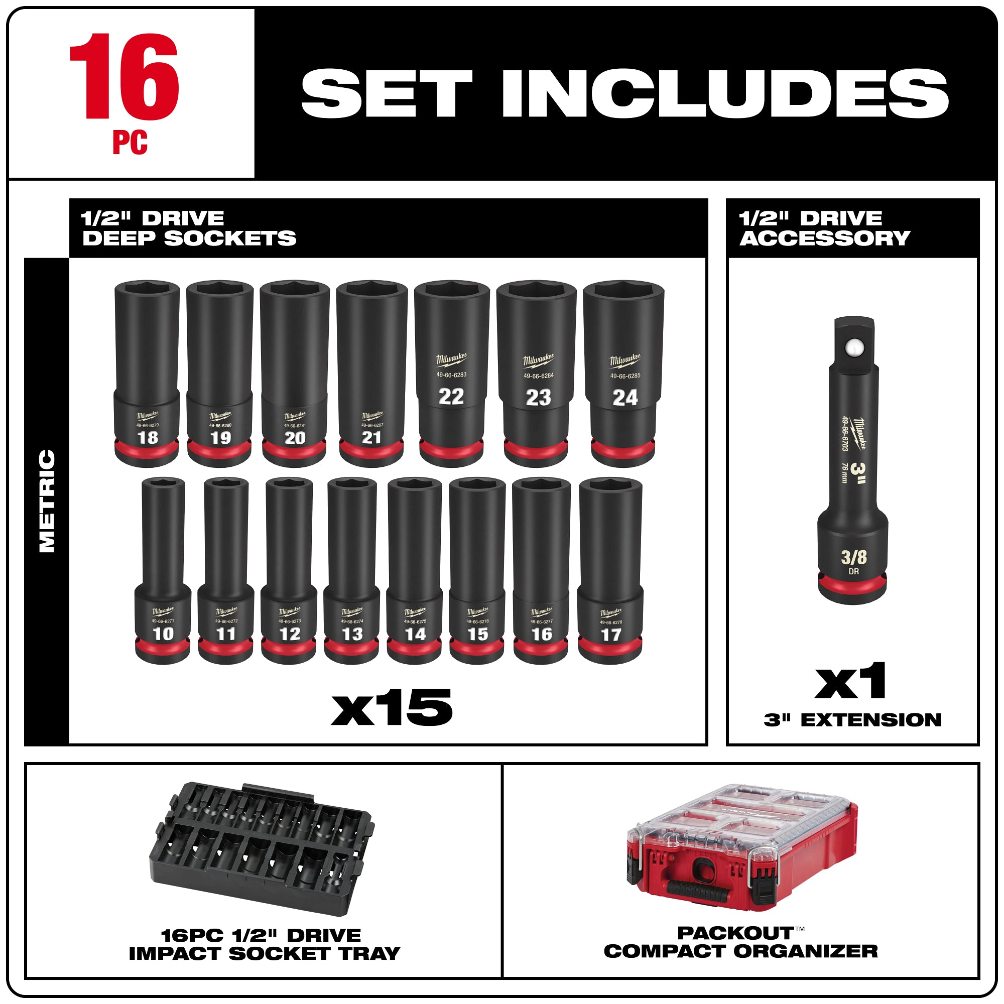 Milwaukee Promo 49-66-6803 Packout Deep Impact Socket Mm 1/2 in. Dr, 16Pc Set