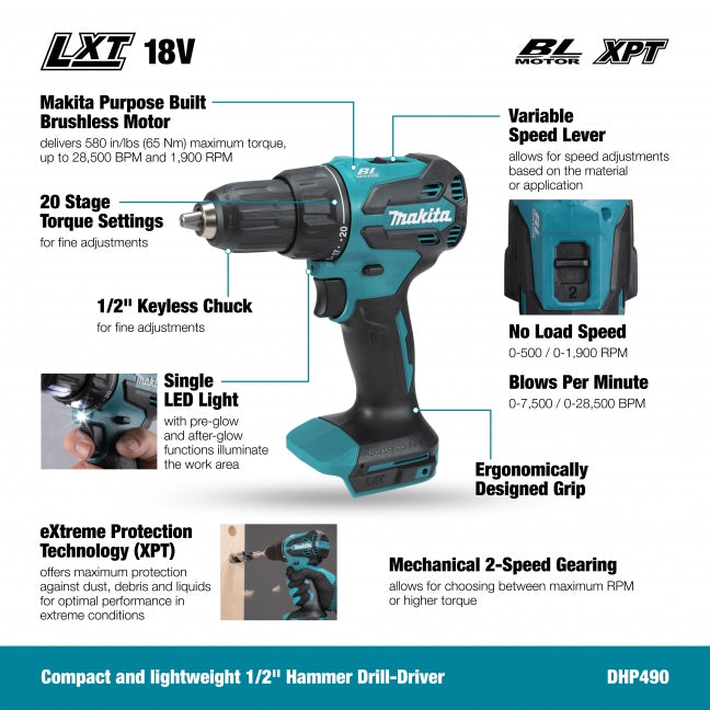 Makita Promo DHP490Y01 Compact Hammer Drill Kit 1.5Ah (590 IN/LB)