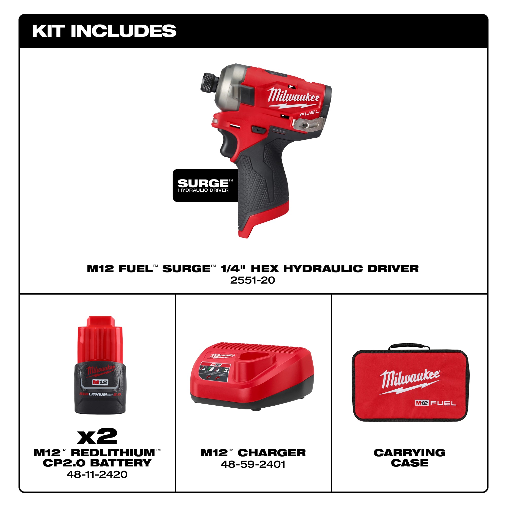 Milwaukee 2551-22 M12 Fuel Surge Impact Driver Kit 2.0Ah