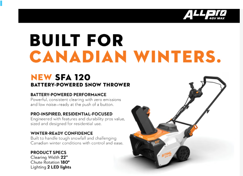 STIHL SFA 120 battery-powered snow thrower features and specifications