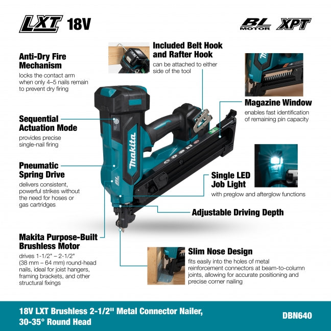 Makita DBN640Z 18V LXT Metal Connector Nailer, Tool Only