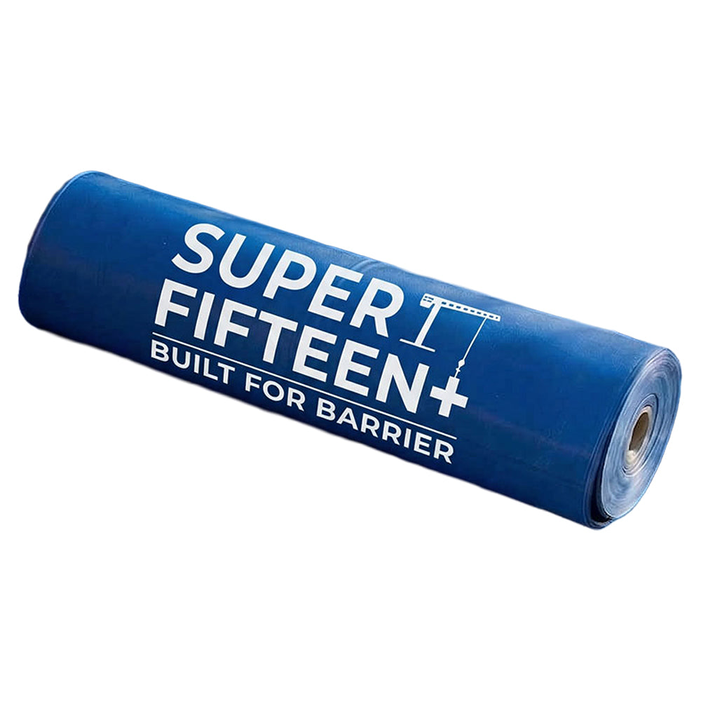 A blue roll of Super Fifteen+ barrier tape with white printed branding, shown on a plain white background.