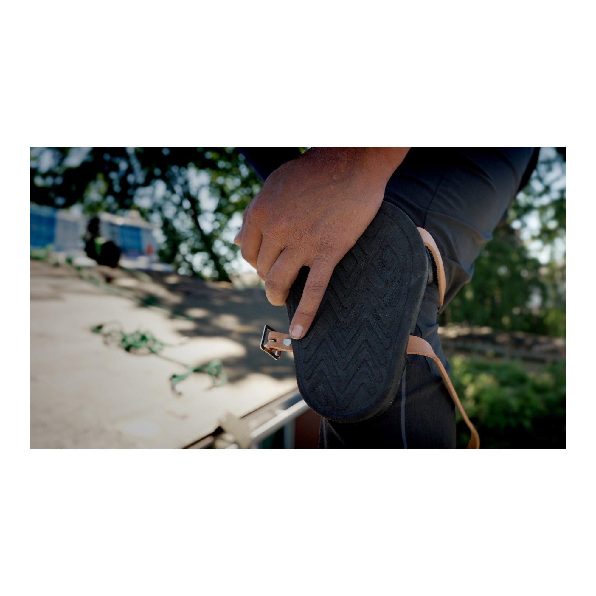 Primegrip 43-112 roofer's knee pad and leather strap in use