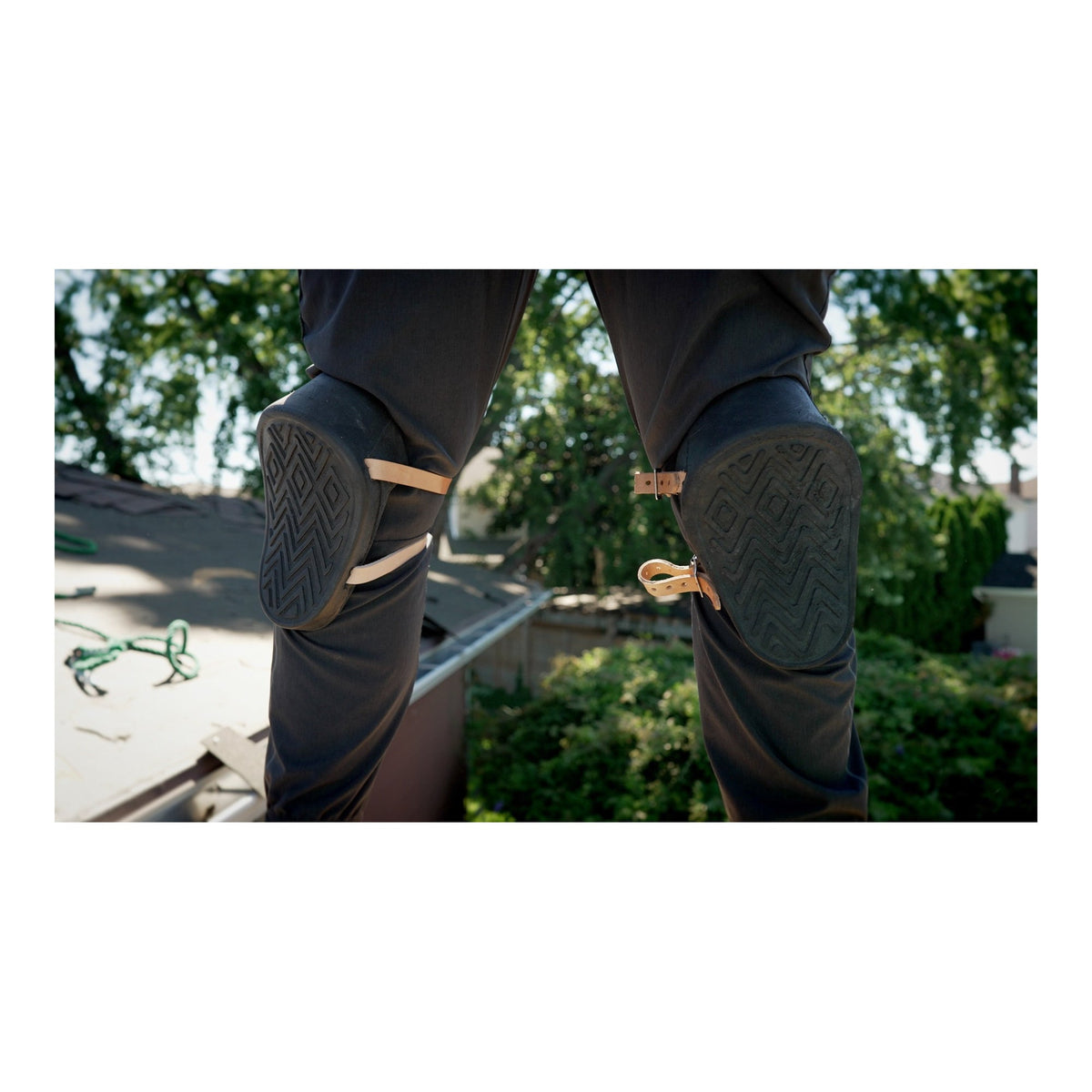 Primegrip 43-112 roofer's knee pads worn on a roof, front view