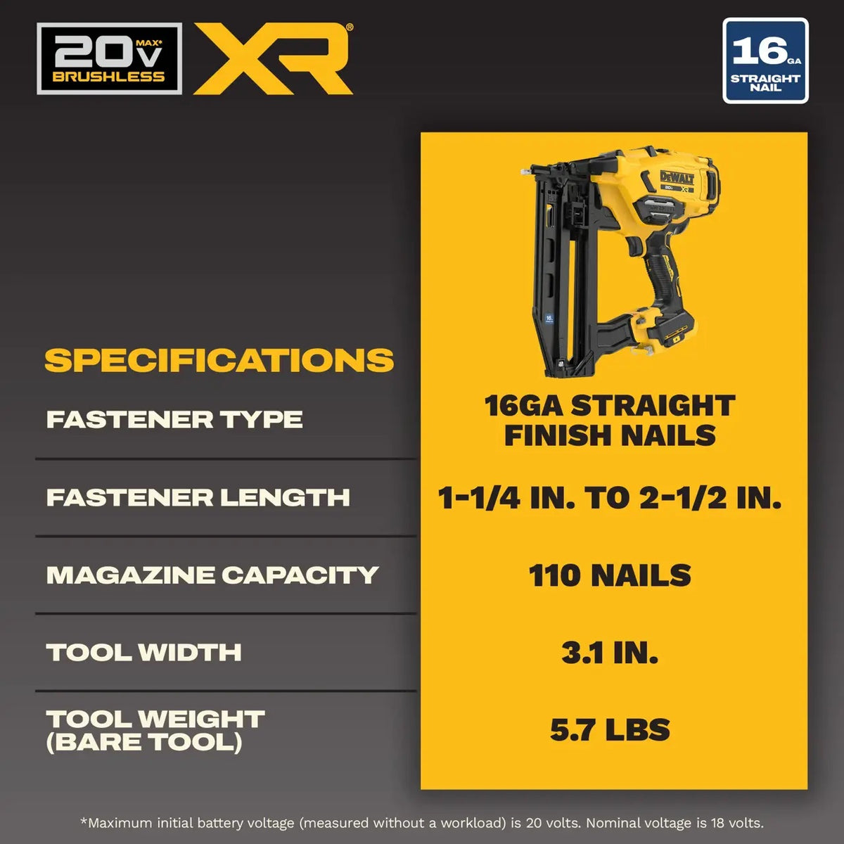 Dewalt DCN220B 20V XR Straight Finish Nailer 16-Gauge
