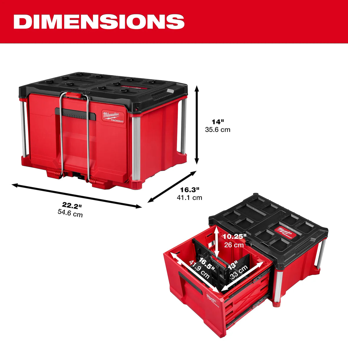 Milwaukee PACKOUT Single Drawer Tool Box shown closed and open with dimensions