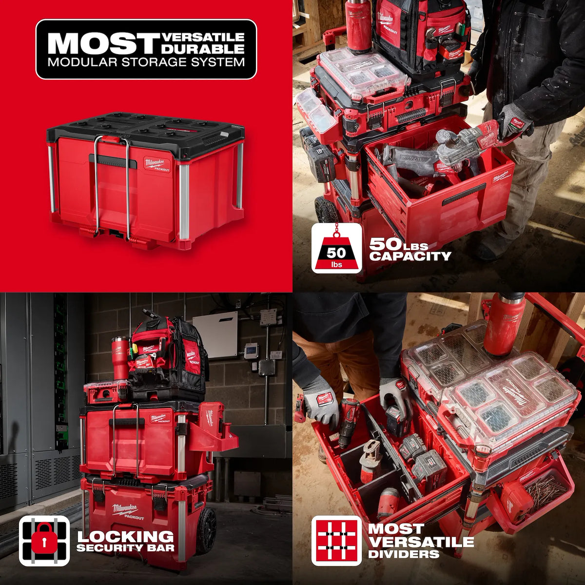 Milwaukee PACKOUT Single Drawer Tool Box in a stacked PACKOUT storage system