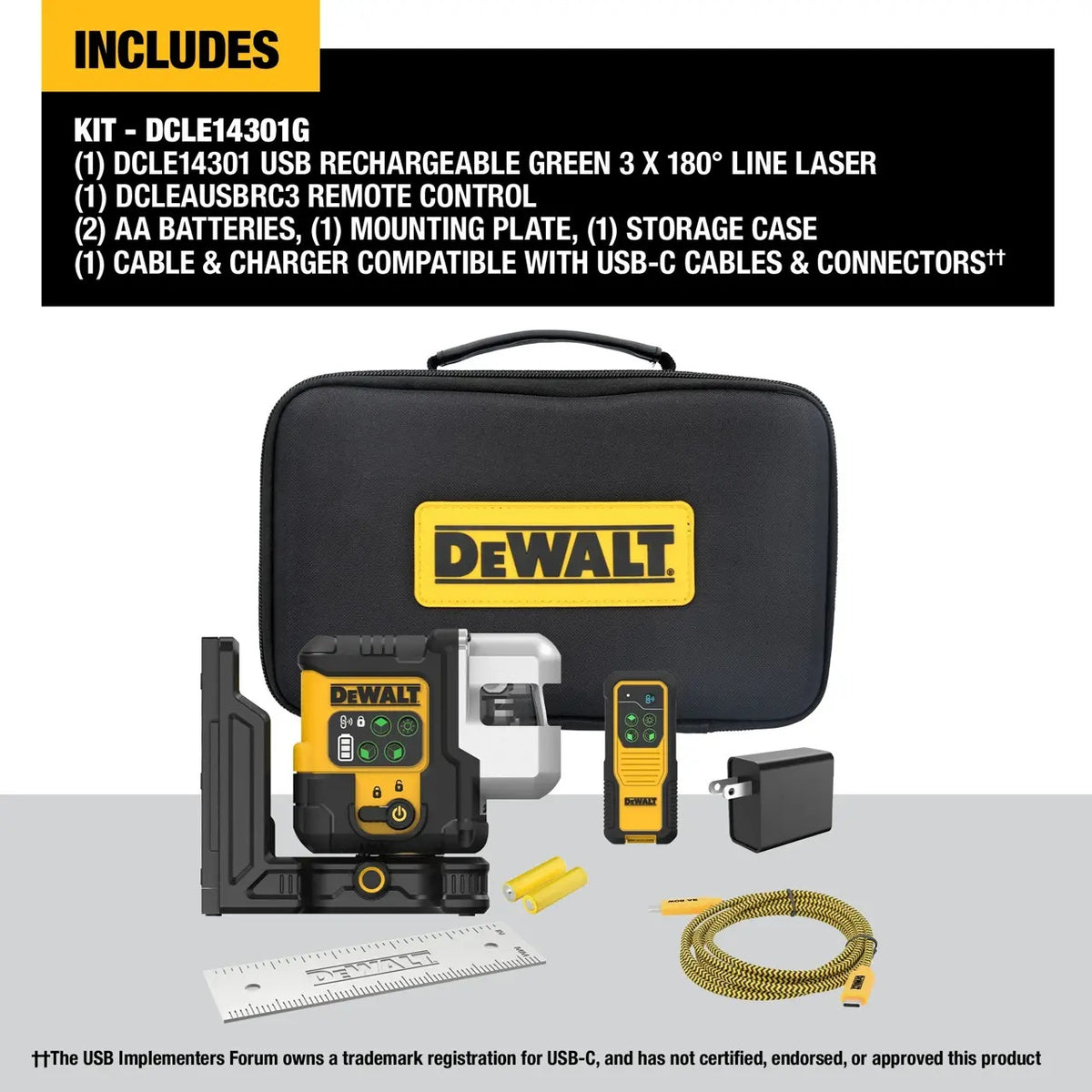 Dewalt DCLE14301G USB 3X180 Green Laser Kit (260FT/33FT)