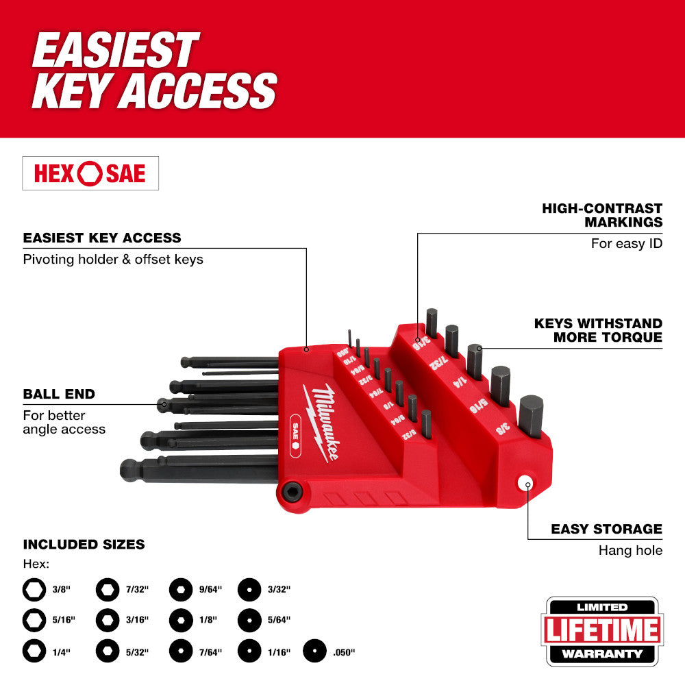 Milwaukee 48-22-2185 13-Key Ball End L-Style Hex Key Set SAE