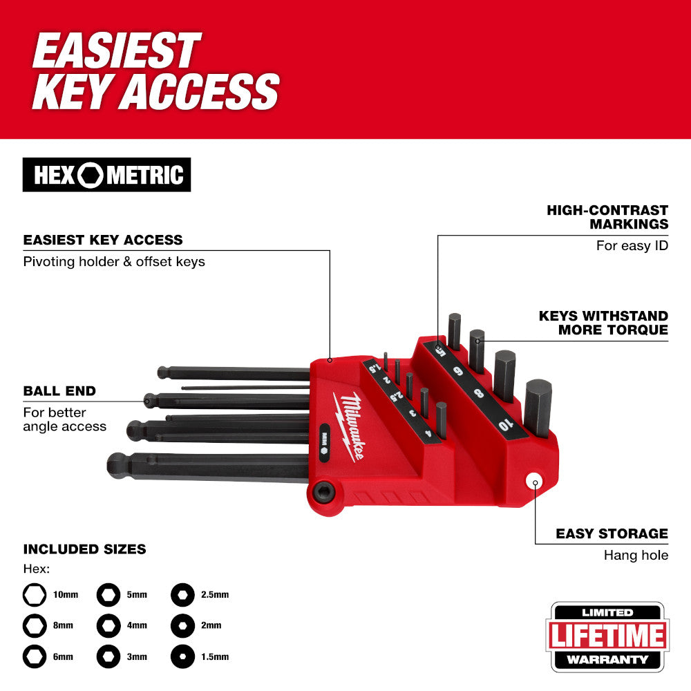 Milwaukee 48-22-2186 9-Key Ball End L-Style Hex Ket Set Metric