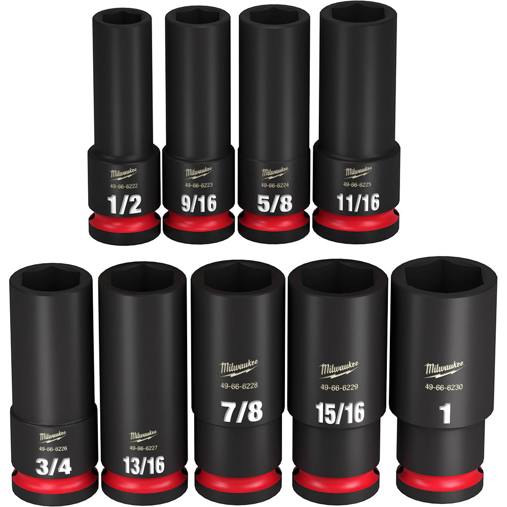 MILWAUKEE 49-66-7022 DEEP IMPACT SOCKET 1/2 Inches DR, 9PC SET(1/2,9/16,5/8,11/16, 3/4,13/16, 7/8,15/16,1)