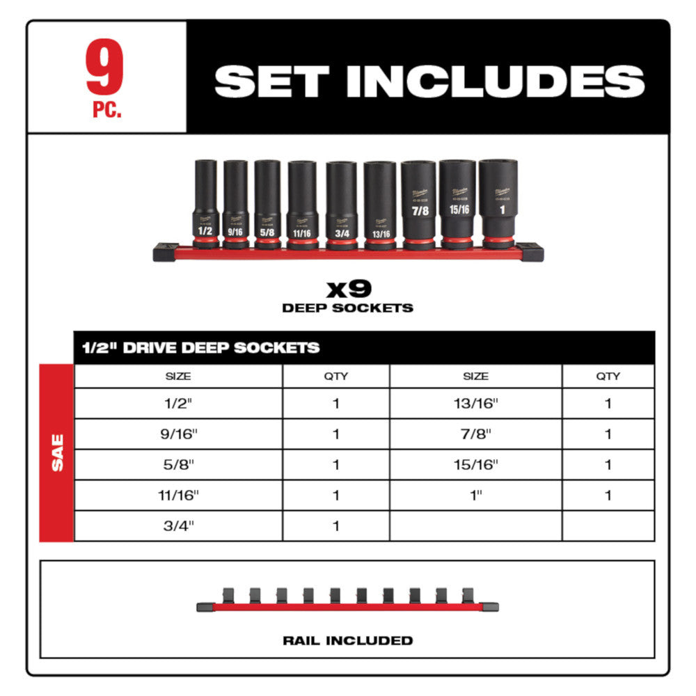 MILWAUKEE 49-66-7022 DEEP IMPACT SOCKET 1/2 Inches DR, 9PC SET(1/2,9/16,5/8,11/16, 3/4,13/16, 7/8,15/16,1)