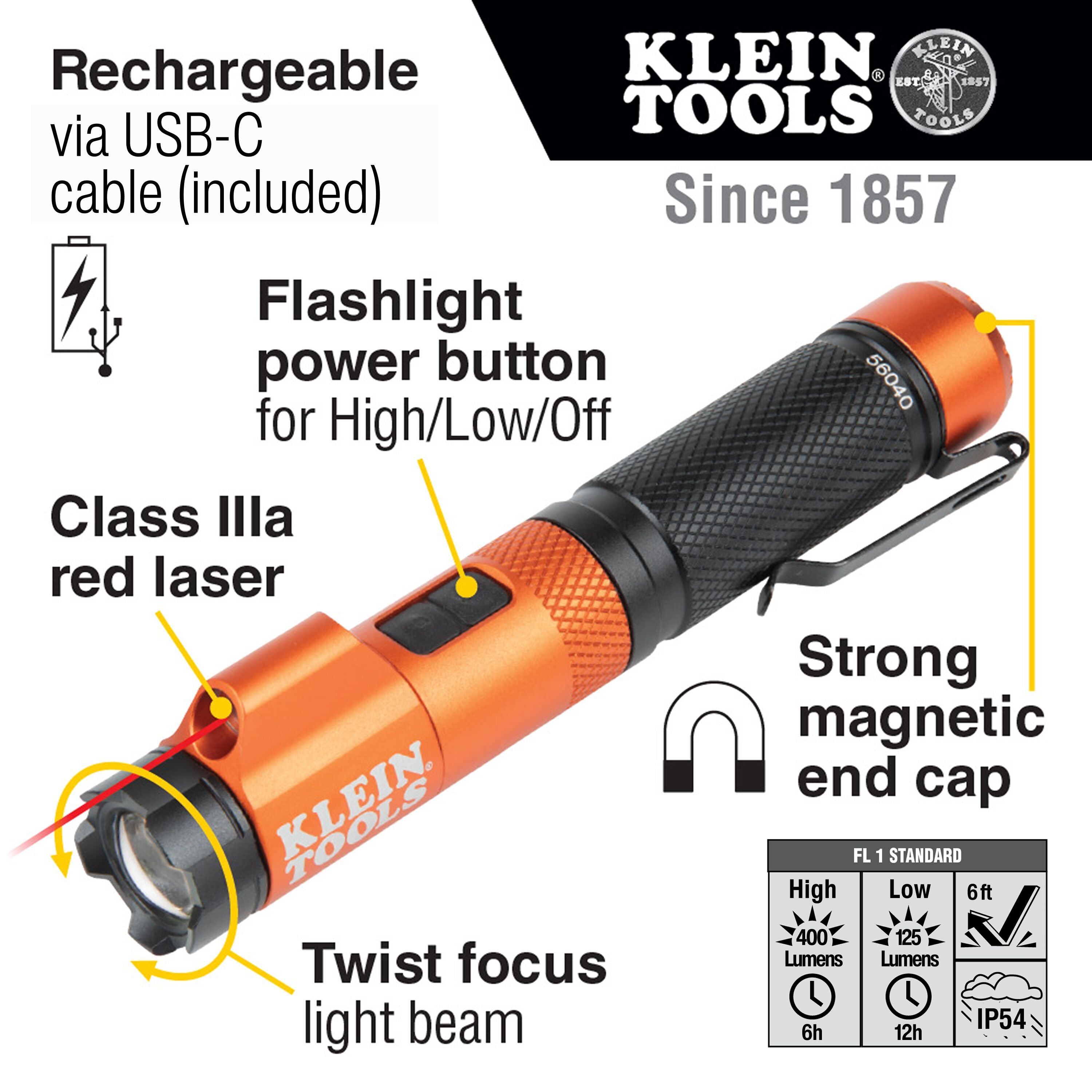 Klein 56040 Rechargeable Focus Flashlight With Laser
