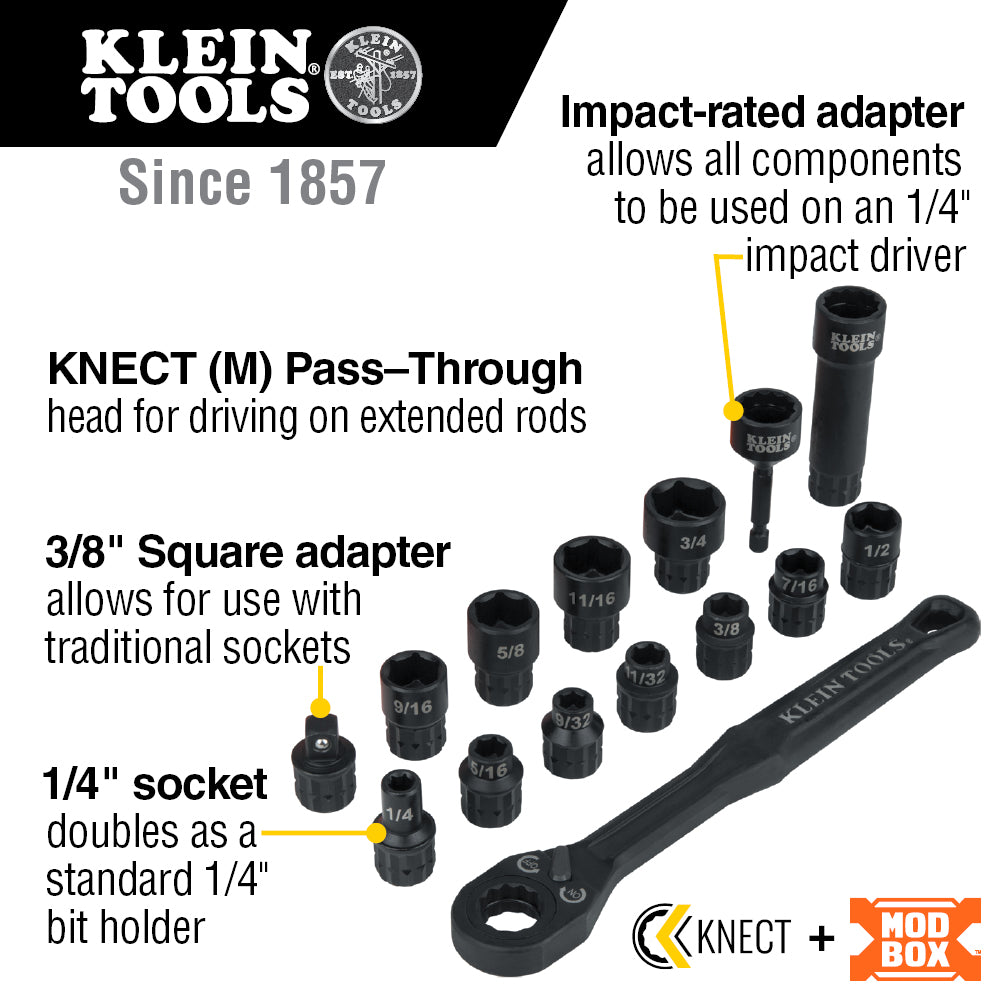 Klein 65400 Knect 3/8 in. Drive Pass Through Socket Set 15-Piece