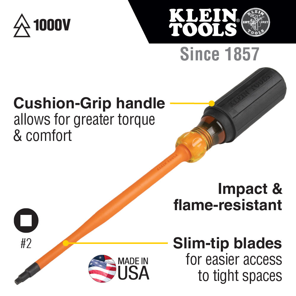 Klein 6946INS #2 Sq Slim-Tip 1000V Ins Scrwdr 6 in. Round Shank