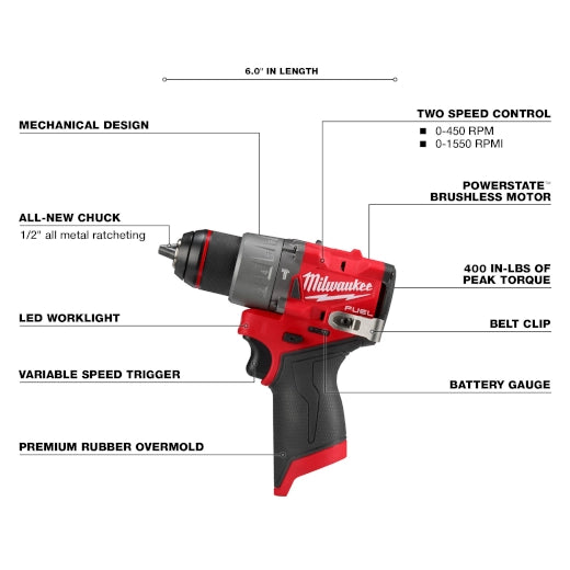Milwaukee 3404-21 M12 FUEL 12-Volt Lithium-Ion Brushless Cordless 1/2 in Hammer Drill Kit 2.0Ah