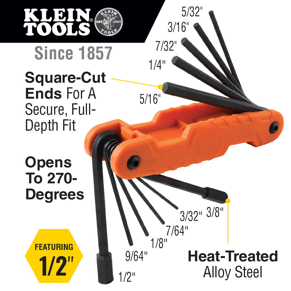 Klein 70550 Pro Folding Hex Key Set 11-Key SAE Sizes