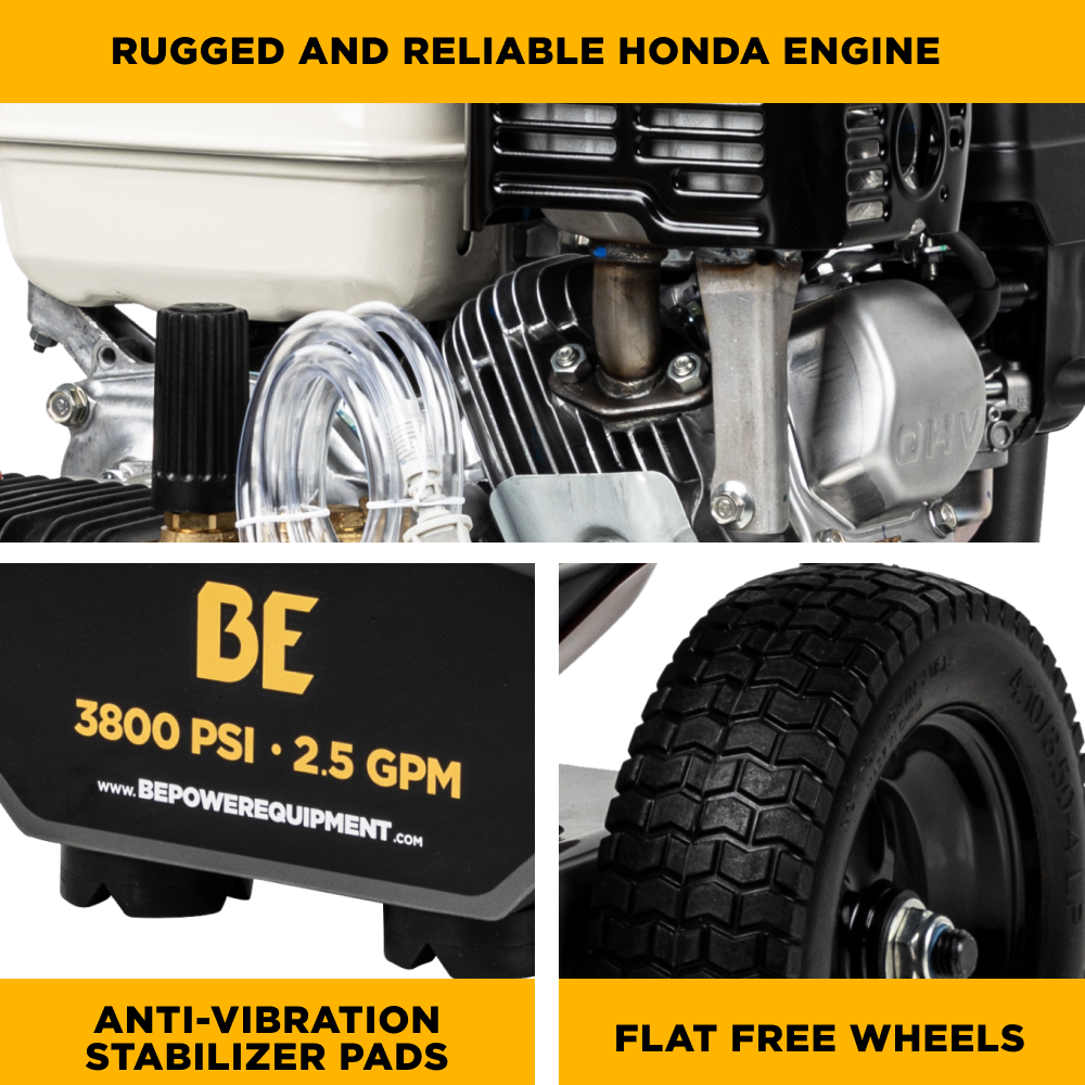 BE B3865HA 3,800 PSI - 2.5 GPM Cold Water Gas Pressure Washer with Honda GX200 Engine