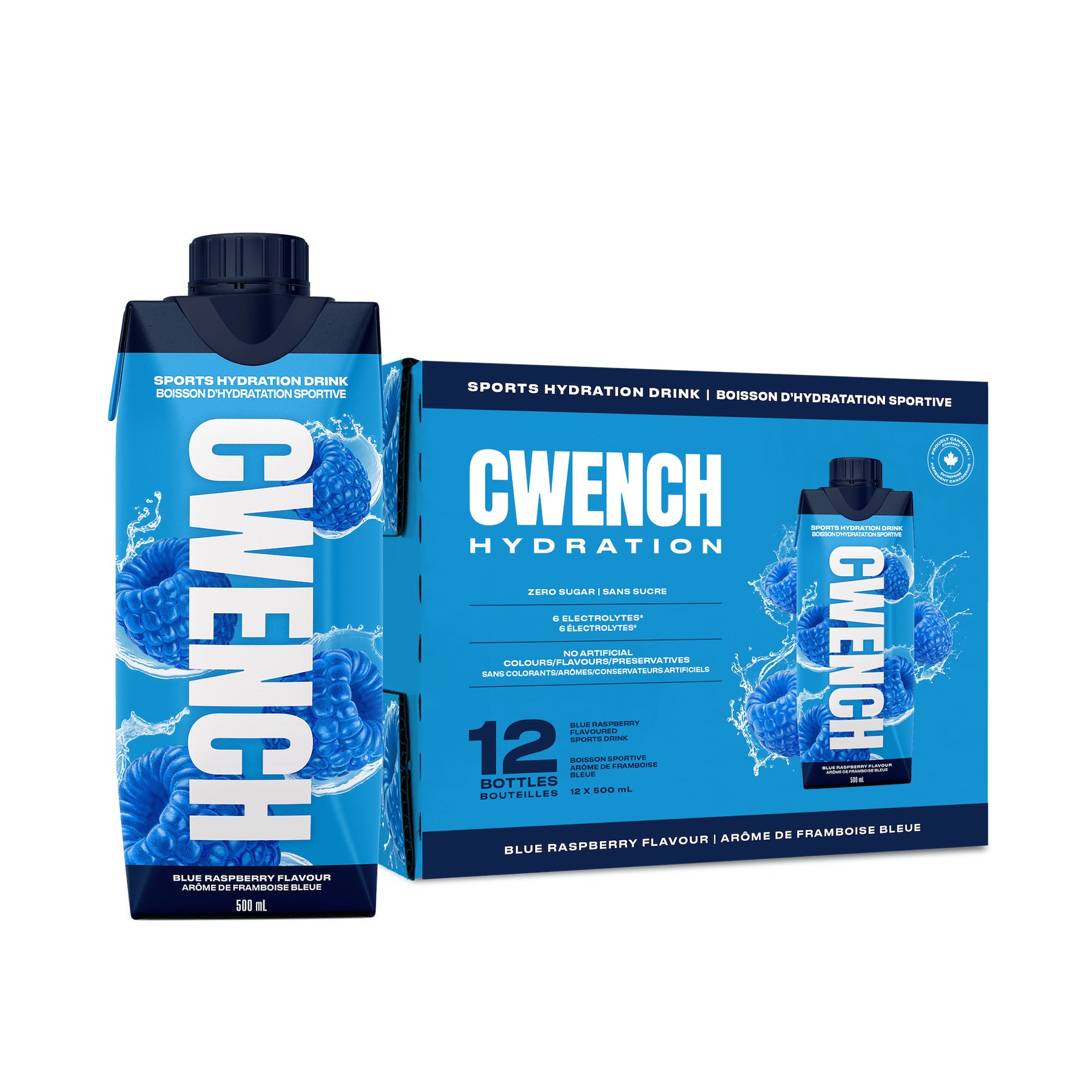 Cwench Blue Raspberry Electrolyte Sports Drink, 500 mL Cans (12-Pack)