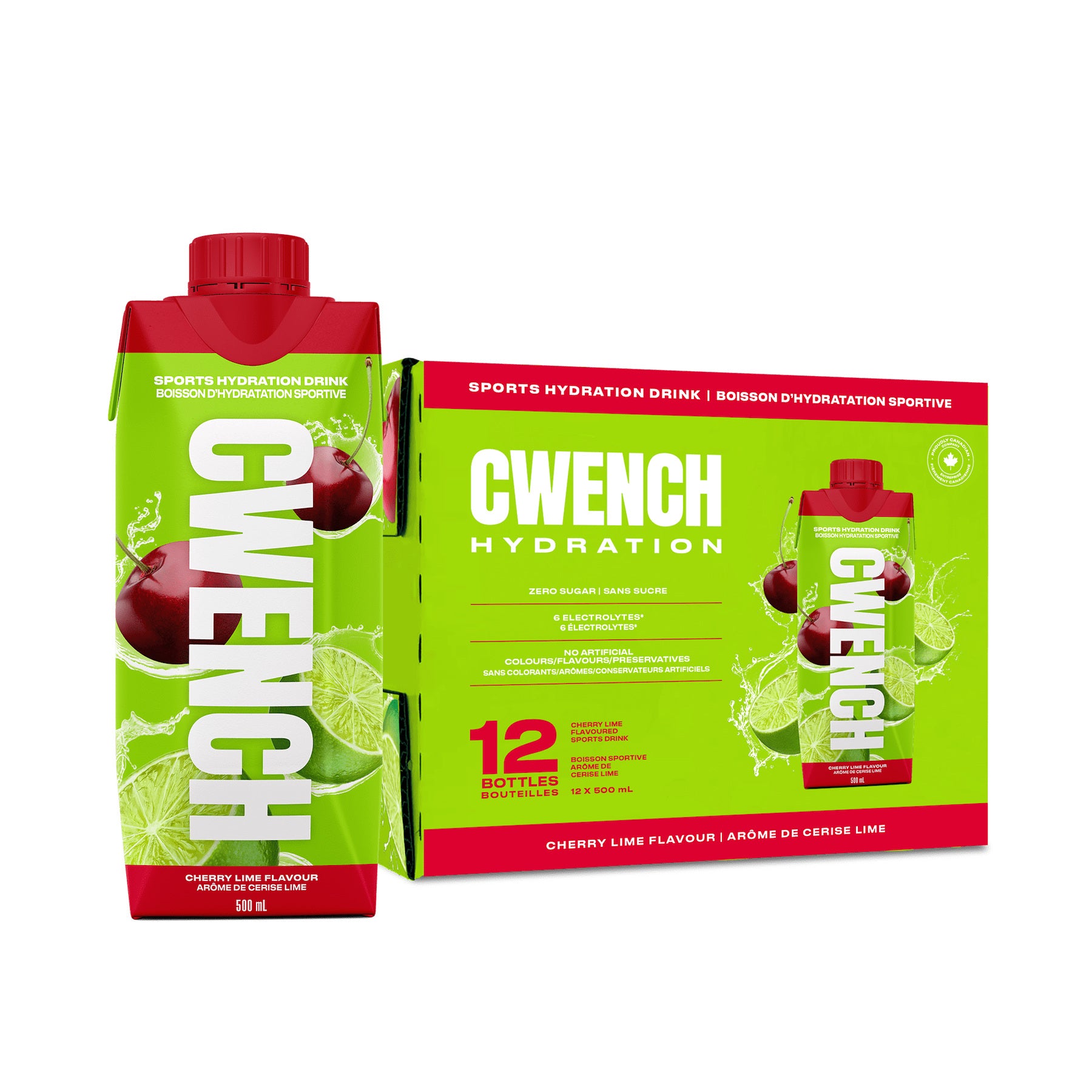 Cwench Cherry Lime Electrolyte Sports Drink, 500 mL Cans (12-Pack)