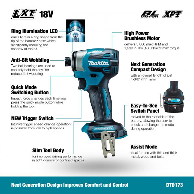 MAKITA DTD173Z 18V LXT Brushless 1/4 in. Impact Driver (Tool Only)