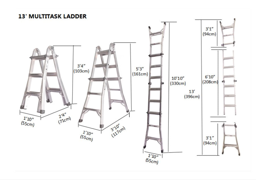 DuraDrive 13' Aluminum Multi Position Ladder, 300 Lbs. Grade 1A
