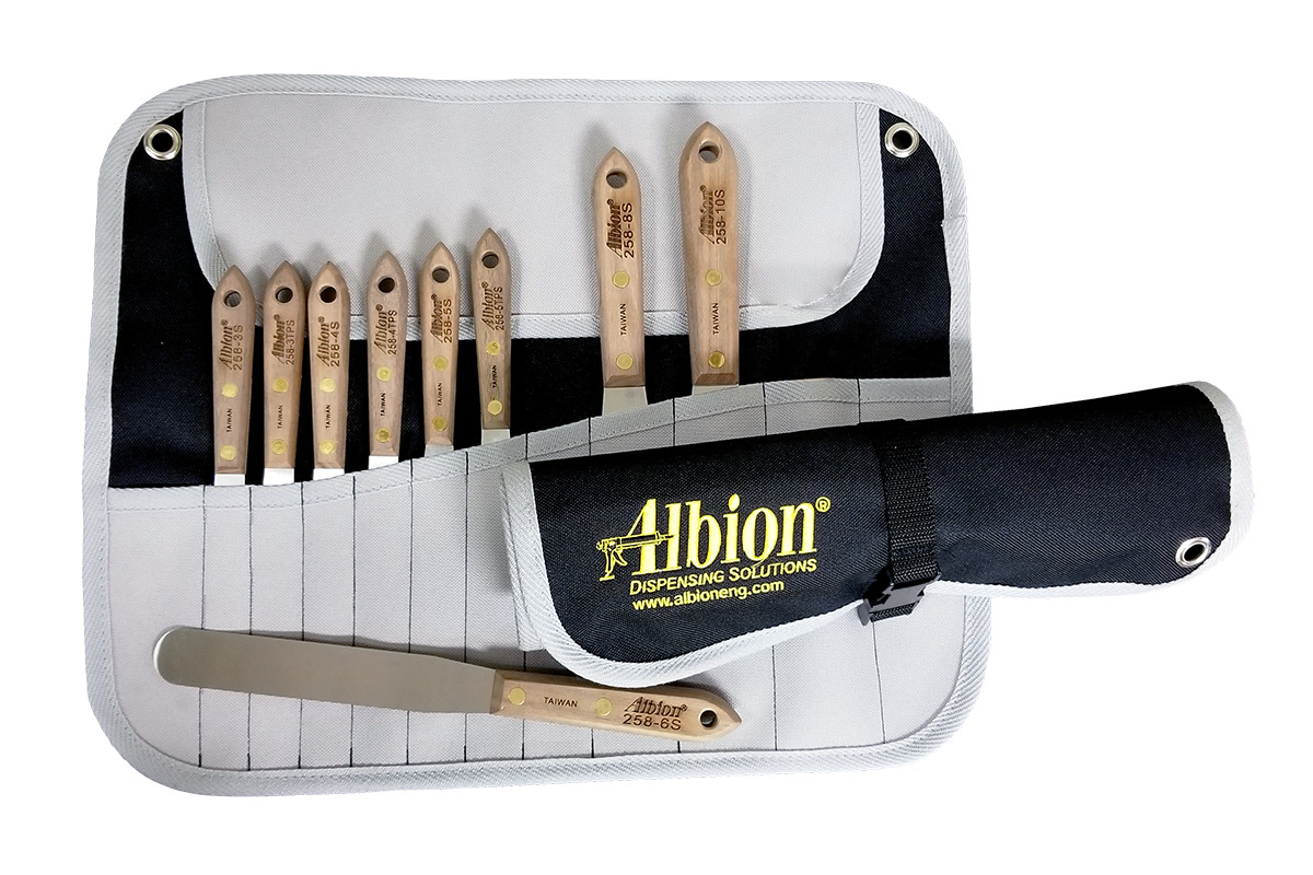 Albion 258-G01 3/8 in. to 1-1/2 in. Hardwood Handles Caulk/Sealant Finishing Metal Spatulas with Tool Wrap (9-Piece)