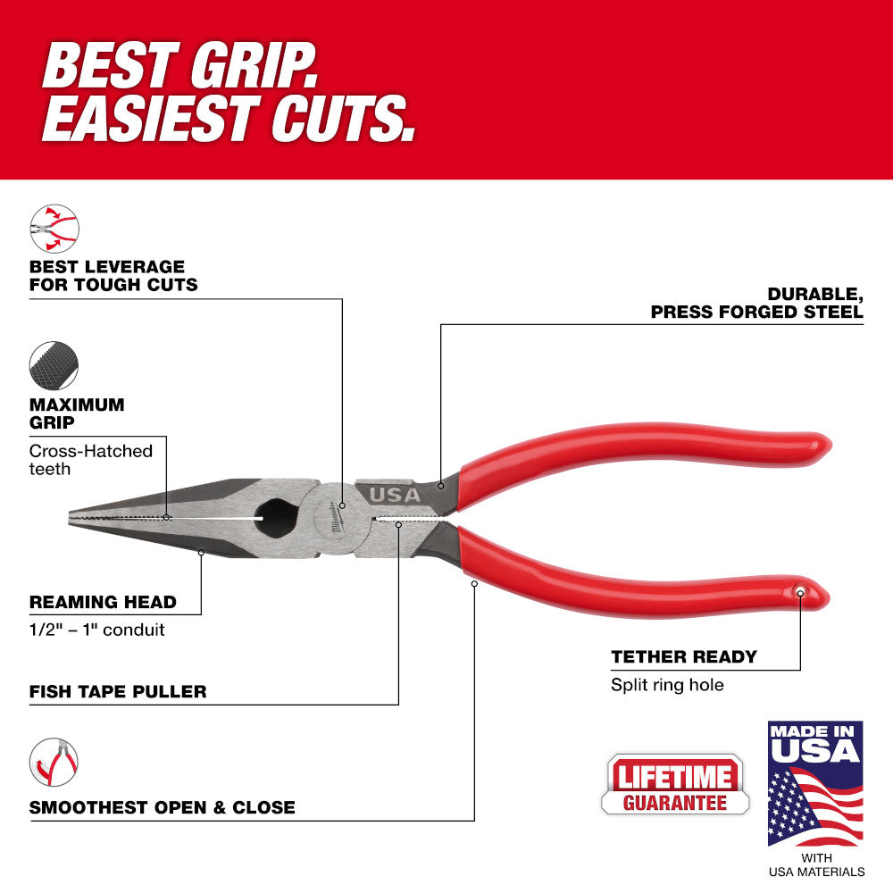 Milwaukee MT505 Long Nose Dipped Grip Pliers 8 in.
