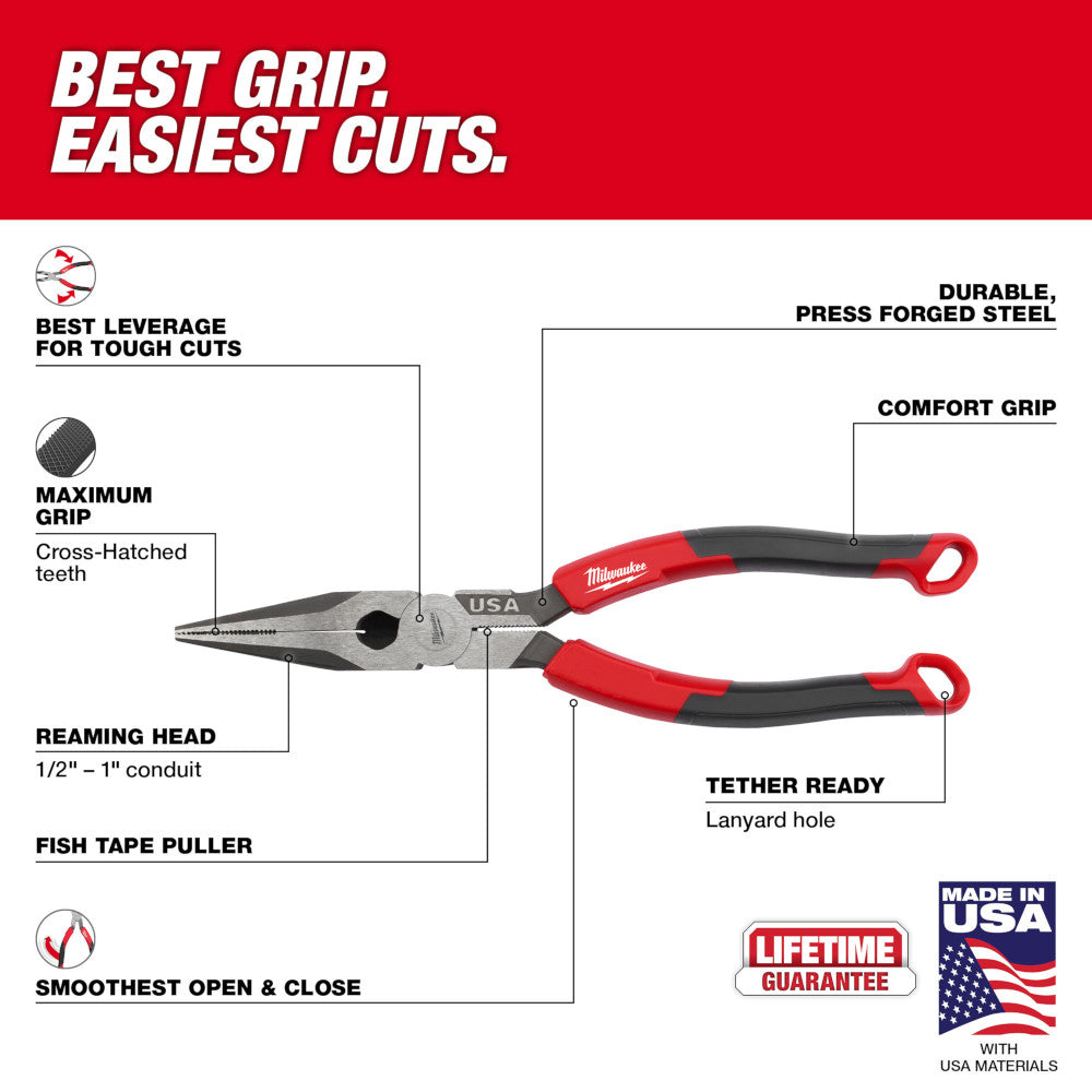 Milwaukee MT555 Long Nose Comfort Grip Pliers 8 in.