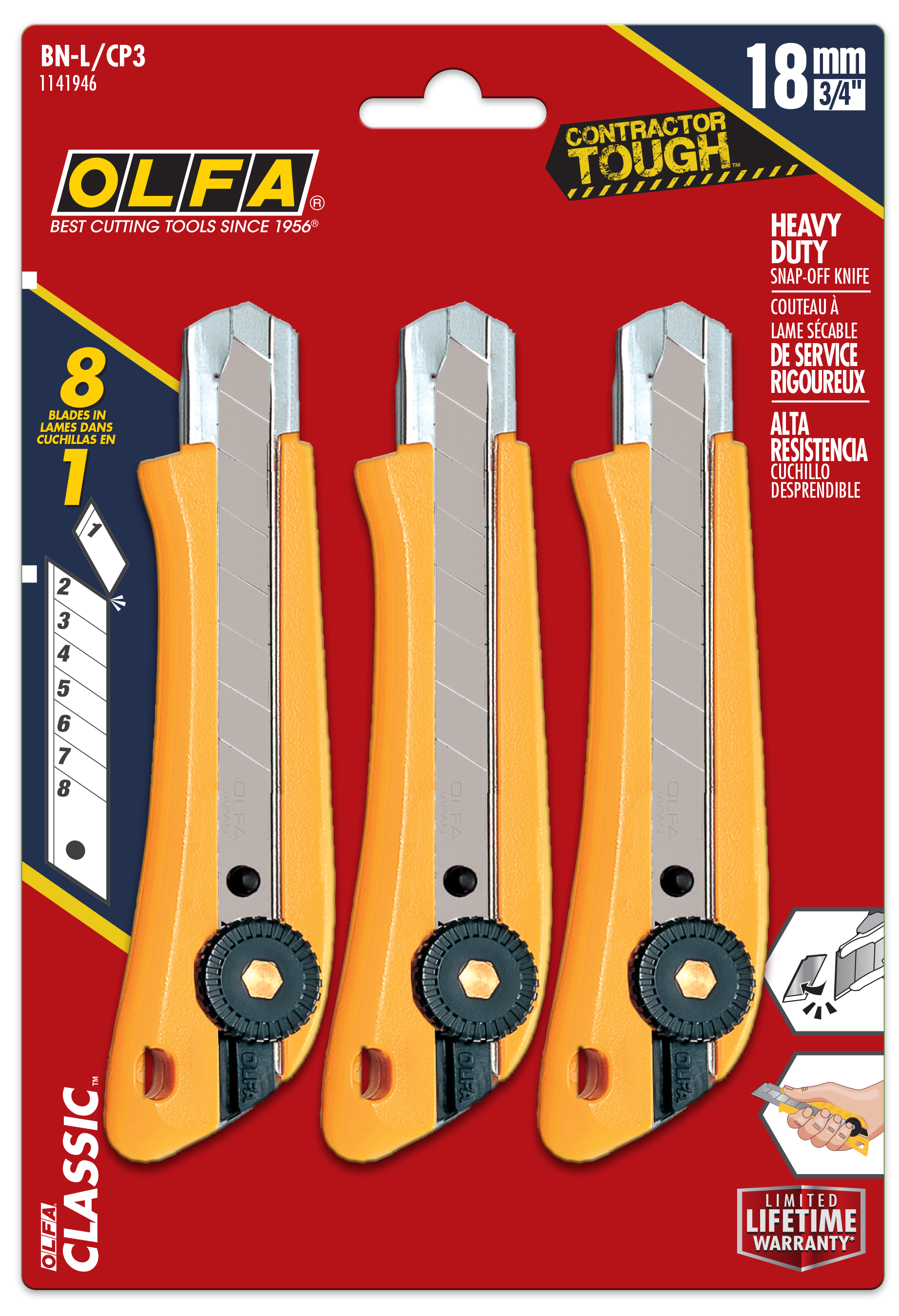 OLFA 1141946 BN-L/CP3 18mm Heavy-Duty Ratchet Lock Snap-Off Utility Knife (3-Pack)