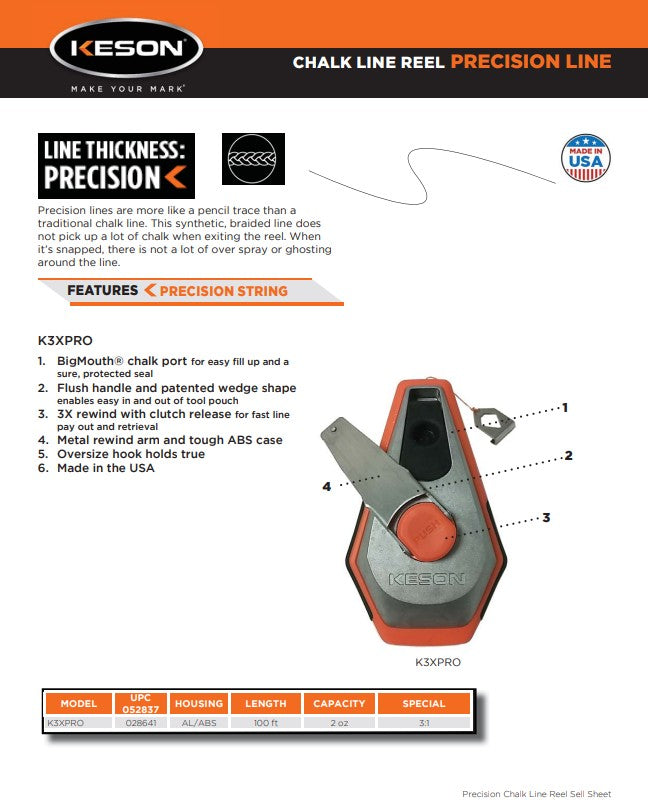 Keson K3XPRO Precision String Chalk Line Reel W/3X Rewind 100 ft.
