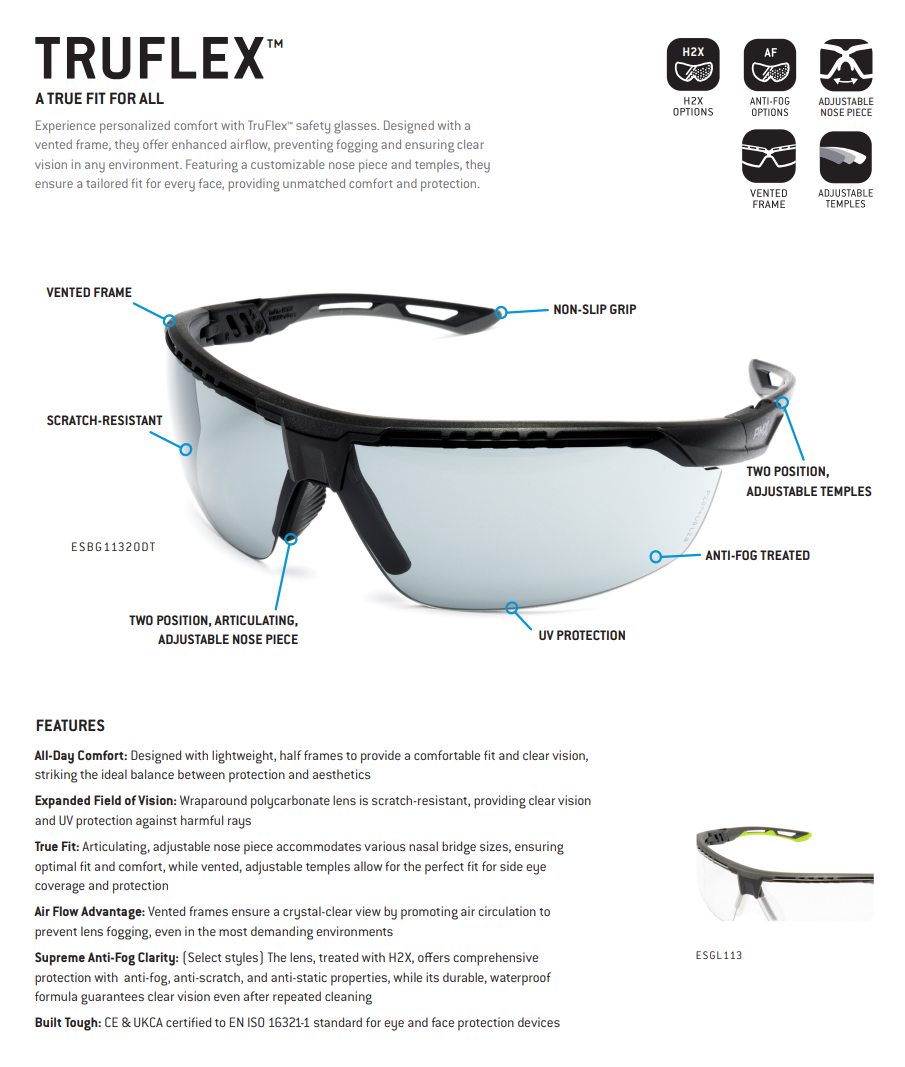 Pyramex SBG11380DT TruFlex Safety Glasses W/Nose & Temple Adjustemnt, Anti-Fog, Mirror Lens