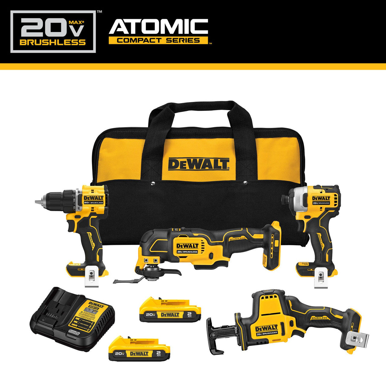 DEWALT DCK486D2 20V MAX ATOMIC Lithium-Ion Cordless Brushless 4-Tool Combo Kit 2.0 Ah