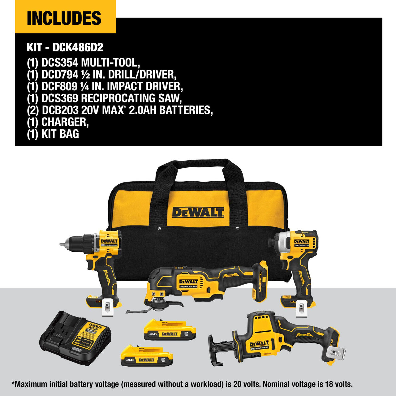 DEWALT DCK486D2 20V MAX ATOMIC Lithium-Ion Cordless Brushless 4-Tool Combo Kit 2.0 Ah